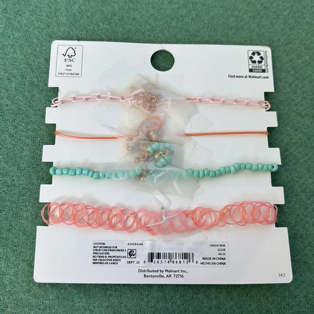 NWT Wonder Nation Pink and Silver Necklace Set 1 12” Stretch Choker 3 Extenders